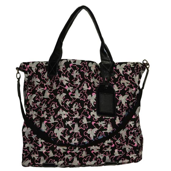 goldmarie Shopper Tasche Vogel Muster - Canvas mit Leder - schwarz-grau-pink - 50x39cm