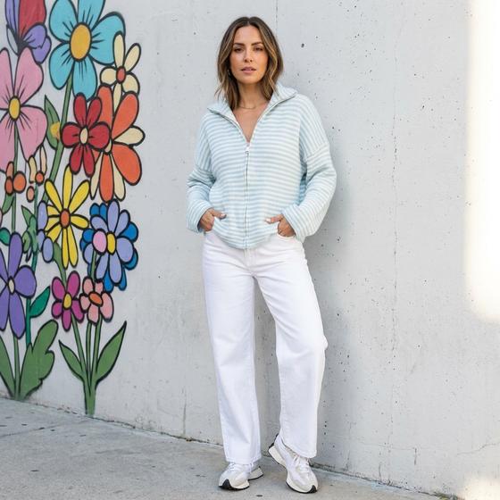 goldmarie Zip Strickjacke LOVE IS MY SUPERPOWER - gestreift - hellblau-weiß