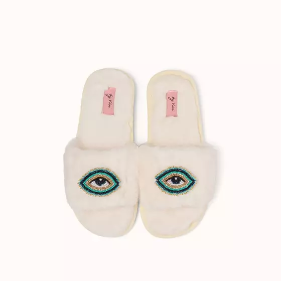 By Vivi. Brosche AUGE Evil Eye - für Slipper, Kleidung, Taschen und mehr - petrol-gold-bunt