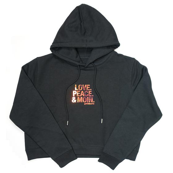 goldmarie Hoodie Short LOVE PEACE MOIN - schwarz-holographic mit Glanz