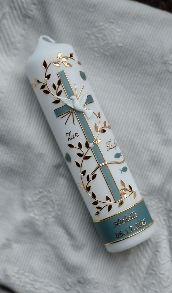 Edle Taufkerze smaragdgrün/gold  TK026