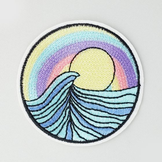 goldmarie Patches Aufnäher SONNENUNTERGANG MEER - rund - Pastell blau-gelb-rose
