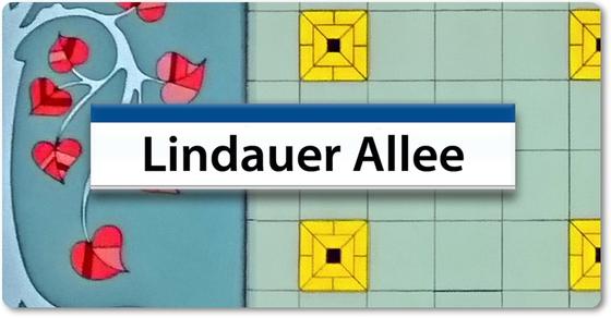 U-Bahnhof Lindauer Allee - schwarze Schrift auf einem weißen Schild mit dunkelblauem Rand an der Oberkante, im Hintergrund mint-farbene Fliesen mit vereinzelt gelben Fließen, zu linken Seite eine abstrakte Linde in blau Tönen mit rot-rosa Blättern