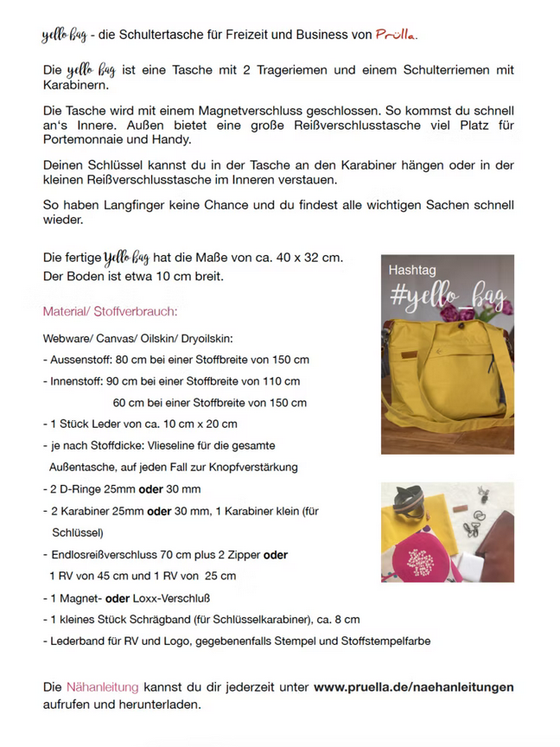 Schnittmuster Schultertasche Yello Bag von Prülla bei Spreefee entdecken