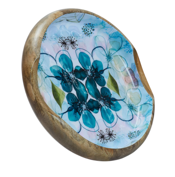Schale | Holzschale / Dekorative Schale mit Blumenmuster - blau/grün