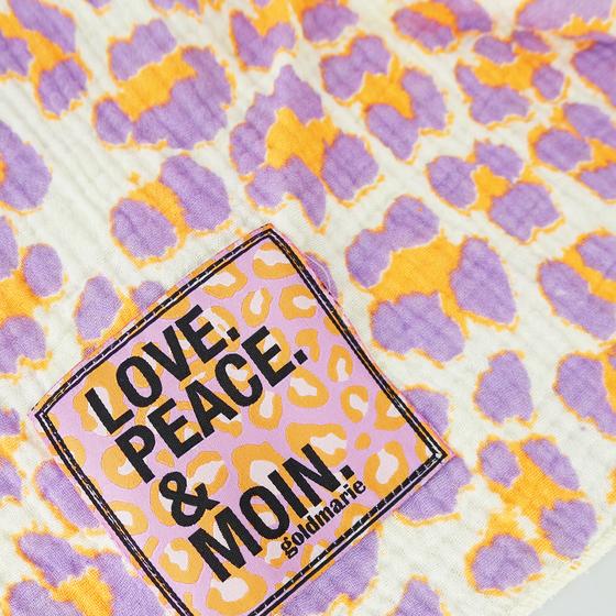 goldmarie Tuch LOVE PEACE MOIN - Baumwolle - Leo Muster - neon orange-flieder