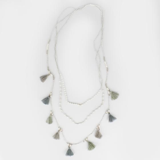 goldmarie Perlenkette TRIO mit Fransen grau-moos-creme-silber