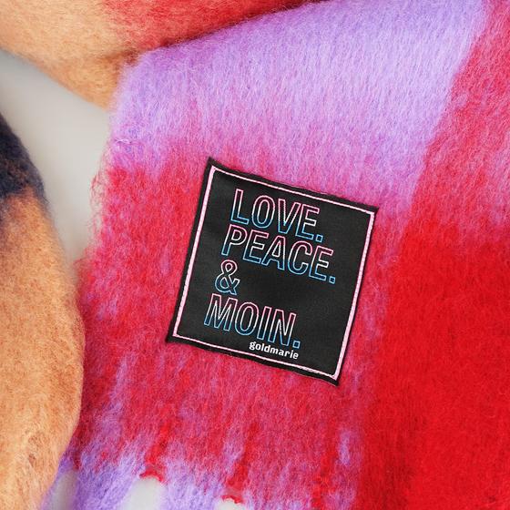 goldmarie Schal LOVE PEACE MOIN Neonschrift Label - Fransen  - rot-lila-bunt 