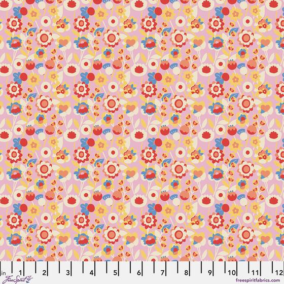 Baumwollstoff Marmalade Bloom aus der Kollektion Stannie & Lloyd von August Ellery für FreeSpirit Fabrics mit einem detailreichen floralen Muster in leuchtenden Farben. Ideal für Patchwork, Quilts, Taschen und kreative Nähprojekte.