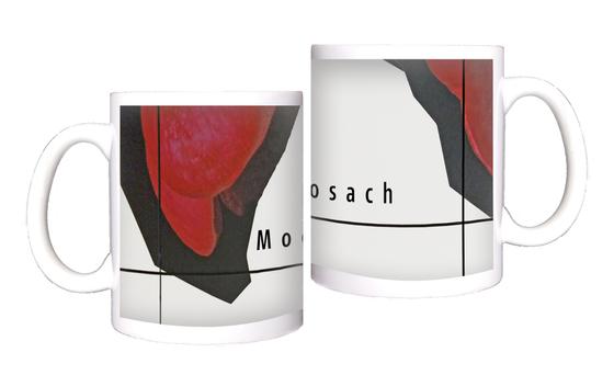 U-Bahn Tasse Moosach - schwarze Schrift auf weißem Hintergrund mit rot-schwarzen, abstrakten Steinformen