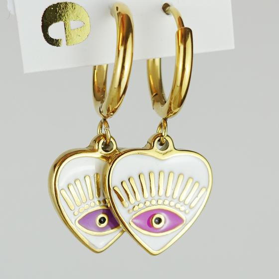 goldmarie Ohrringe HERZ mit AUGE - Stahl - gold-weiß-pink