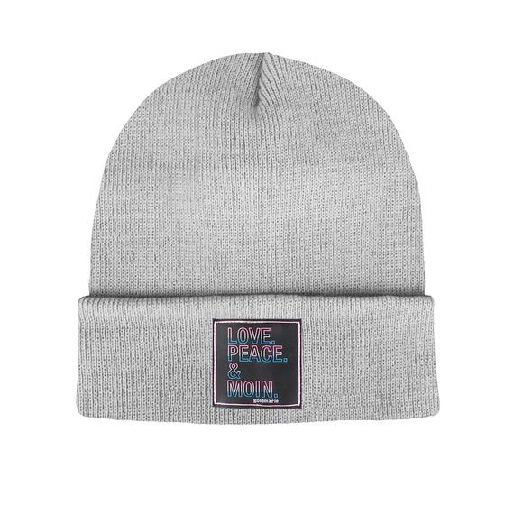 goldmarie Beanie Mütze LOVE PEACE MOIN Neonschrift Label - grau