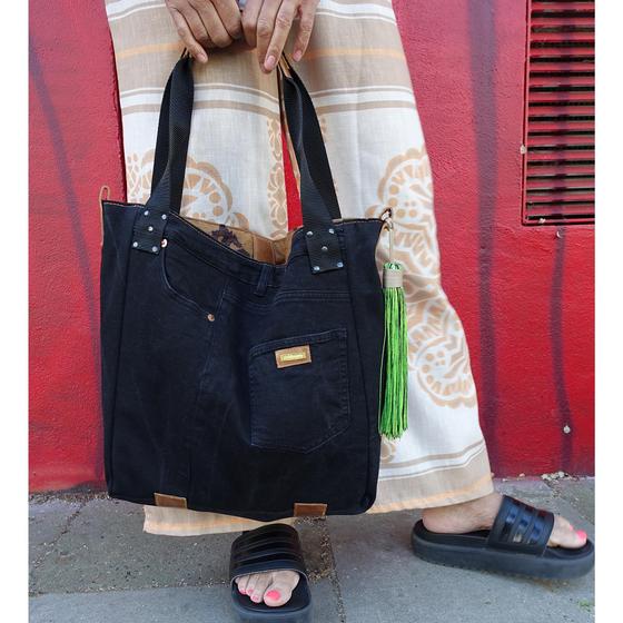 goldmarie Shopper Tasche JEANS Recycelt mit Leder - reversible - denim schwarz-braun - 41X46cm