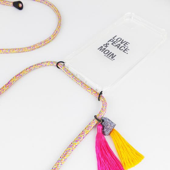 goldmarie Handykette HERZ BABE gelb-pink-bunt doppel Fransenbommel 