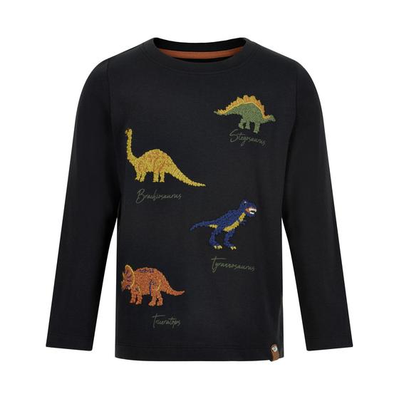 Langarmshirt mit aufgestickten Dinos, Biobaumwolle, schwarz