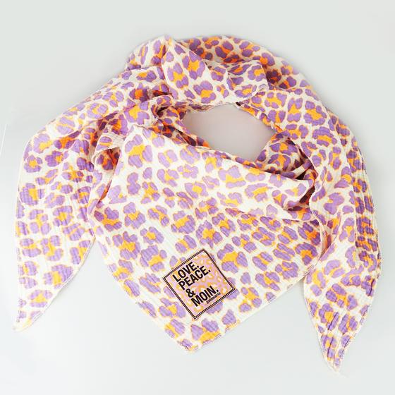 goldmarie Tuch LOVE PEACE MOIN - Baumwolle - Leo Muster - neon orange-flieder