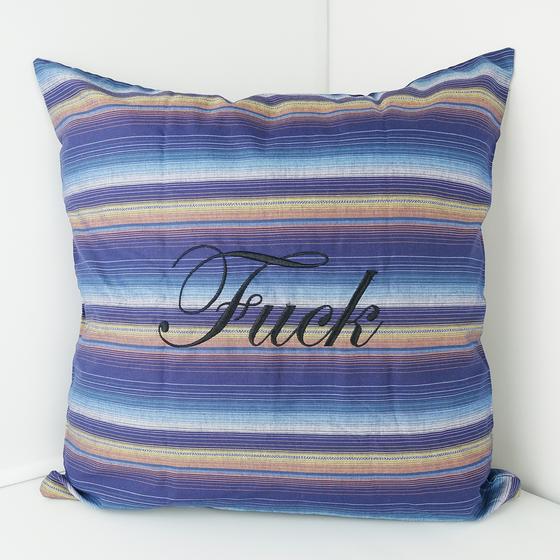 goldmarie Kissenhülle SLEEP & FUCK - gestreift - blau-gelb - 40x40cm