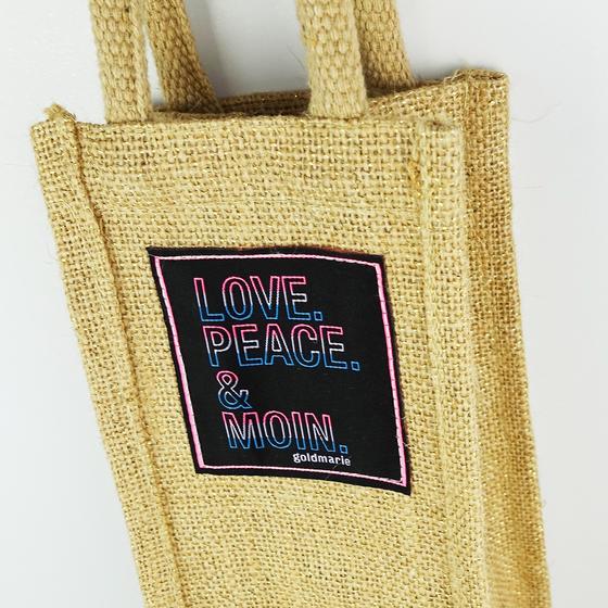 goldmarie Sekt- und Weinflaschentasche LOVE PEACE MOIN Neonschrift Look Label - Jute - natur