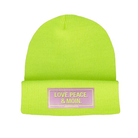 goldmarie Beanie Mütze LOVE PEACE MOIN lilac Neon Label - neon gelb