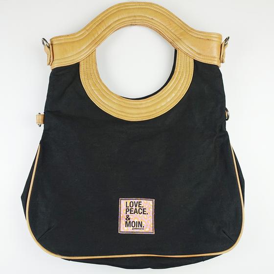 goldmarie Canvas Leder Tasche LOVE PEACE MOIN - schwarz-camel - 39x50cm 