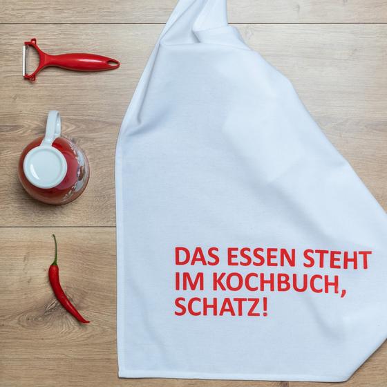 17;30 made in Hamburg Geschirrtuch DAS ESSEN STEHT IM KOCHBUCH, SCHATZ! weiß-rot