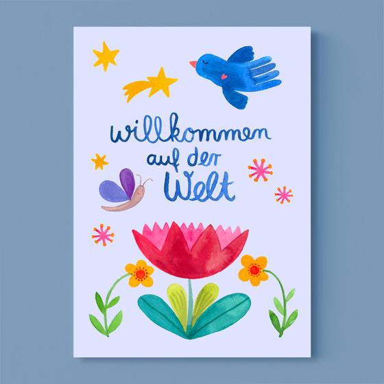 Frau Ottilie Postkarte - "Willkommen" mit Blumen und Vogel