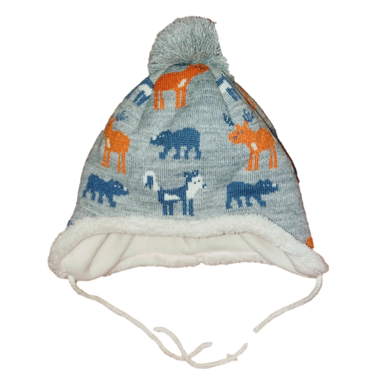Inka-Mütze "Waldtiere" mit Pompon und Bindeband, grau