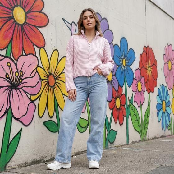 goldmarie Zip Strickjacke LOVE PEACE MOIN - gestreift - rosa-weiß 