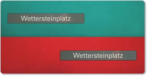 U-Bahnhof Wettersteinplatz Kühlschrankmagnet - zwei graue Schild mit weißer Schrift,jeweils auf rotem und türkisem Untergrund