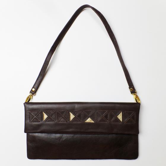 goldmarie Handtasche DREIECK Muster Leder dunkelbraun-gold 29x15cm