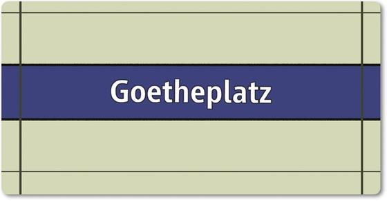 U-Bahnhof Goetheplatz Kühlschrankmagnet - weiße Schrift auf blauem Streifen, vor weißem Plattenhintergrund
