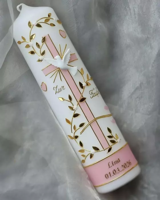 Edle Taufkerze magnolia/gold - handgefertigtes Unikat von Kerzini