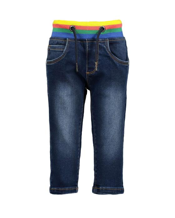 Schlupfjeans mit breitem bunten Bund und Kordelgürtel