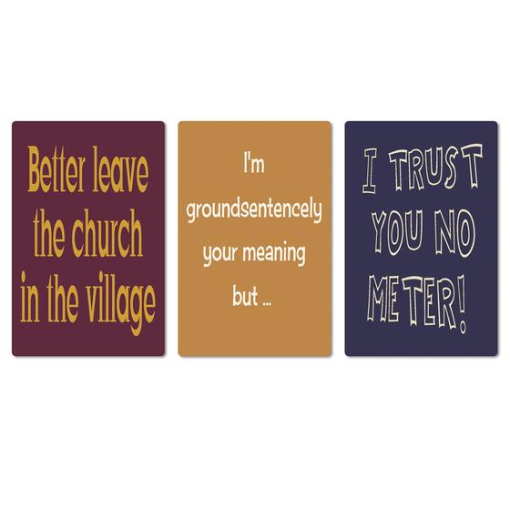 Denglisch Magnet 3er Set - Brombeer - Ocker - Nachtblau - Better leave the church in  the village - I'm groundsentencely your meaning, but ... - I trust you no meter!