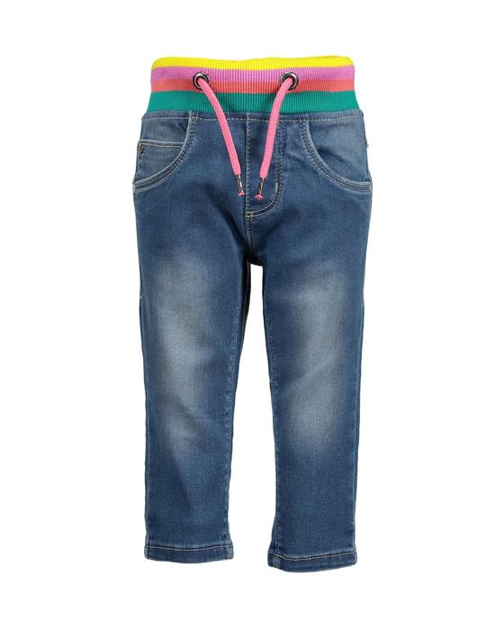 Schlupfjeans mit buntem Gummibund und Kordelgürtel