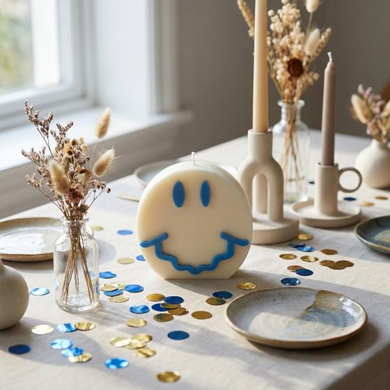 goldmarie Kerze SMILE - handgefertigt - creme-blau - 9cm - vegan