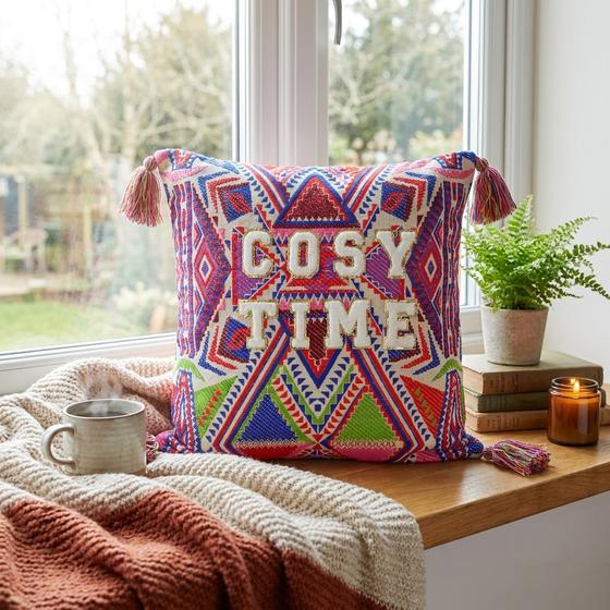goldmarie Deko Kissen COSY TIME - Ethno Stickmuser - pink-bund - 45x45cm - Unikat