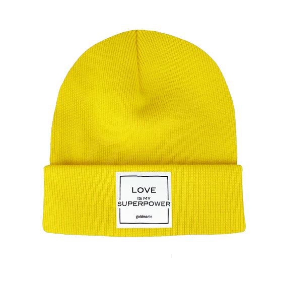 goldmarie Beanie Mütze LOVE IS MY SUPERPOWER - gelb
