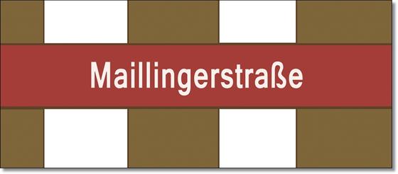 U-Bahnhof Maillingerstrasse Kaffeetasse - weiße Schrift auf dunkelrotem Streifen vor weiß-braun gestreiftem Hintergrund