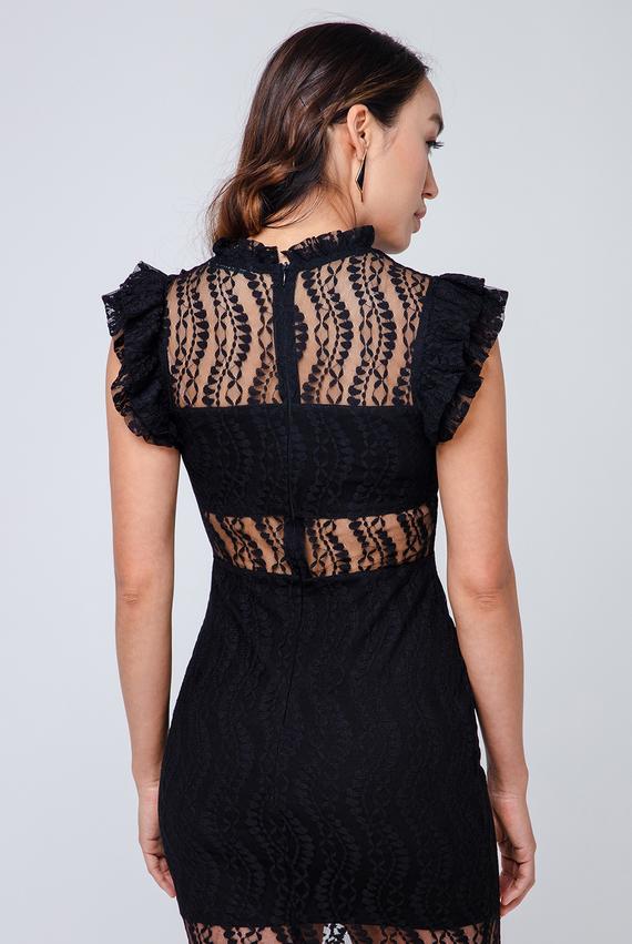 Midikleid mit hohem Kragen und transparenten Einsätzen
