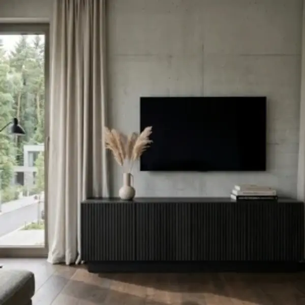 RIFF TV-Schrank von Radis in schwarz gebeizter Eiche als kompaktes 145 cm TV-Lowboard mit gerillter Front