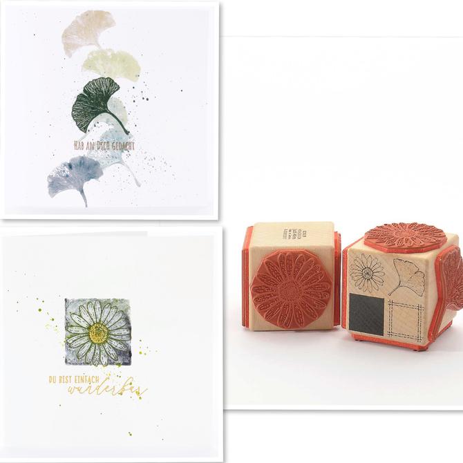 Holzstempel 4auf1 "Gingko, Margerite, Quadrat, Rahmen", 4 Motive auf 1 Würfel, 5x5cm 
