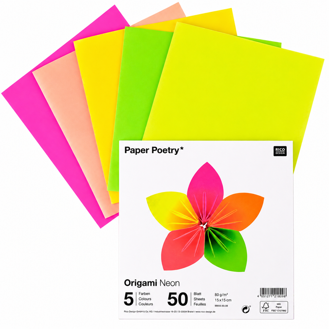 Origami Papier "neon", 15x15cm, 80g/qm, 50 Blatt 