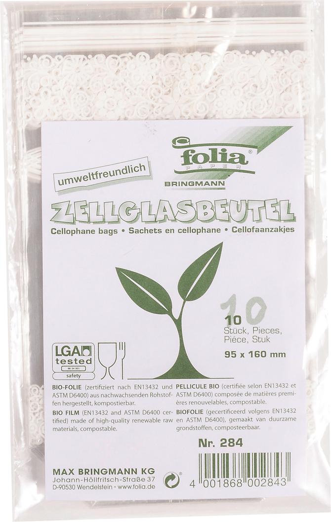 Zellglasbeutel mit weißem Spitzendruck, Größe 95 x 160 mm, Inhalt: 10 Stück