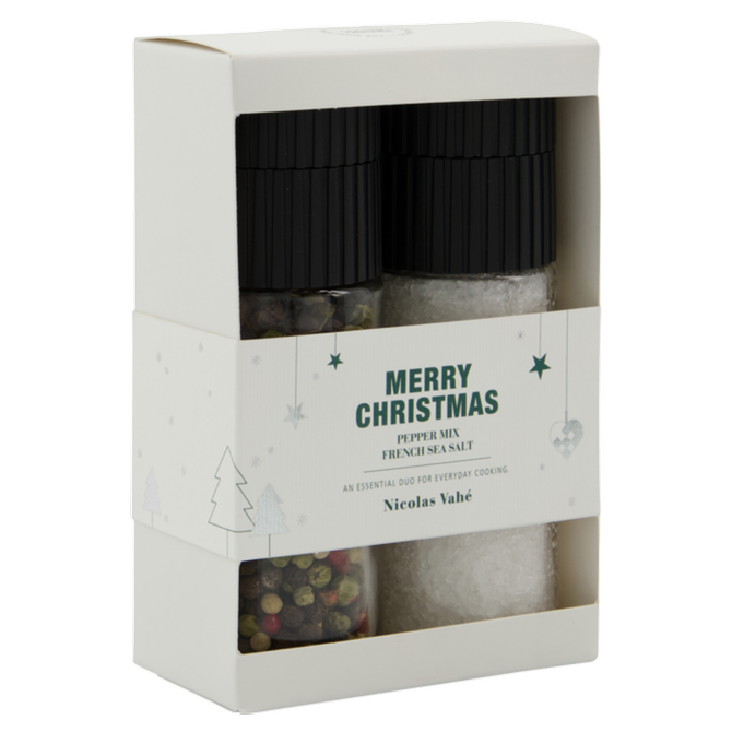 Geschenkbox mit Französischer Meersalz-Pfeffer-Mischung in Keramikmühlen von Nicolas Vahé