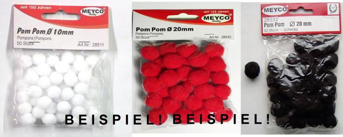 Pompons weiß, schwarz oder rot, in verschiedenen Größen abgepackt