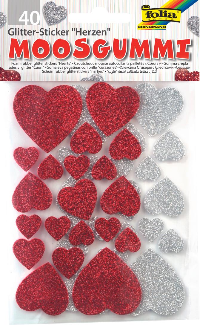 Moosgummi Glitter-Sticker HERZEN I 40 Stück, rot/silber sortiert