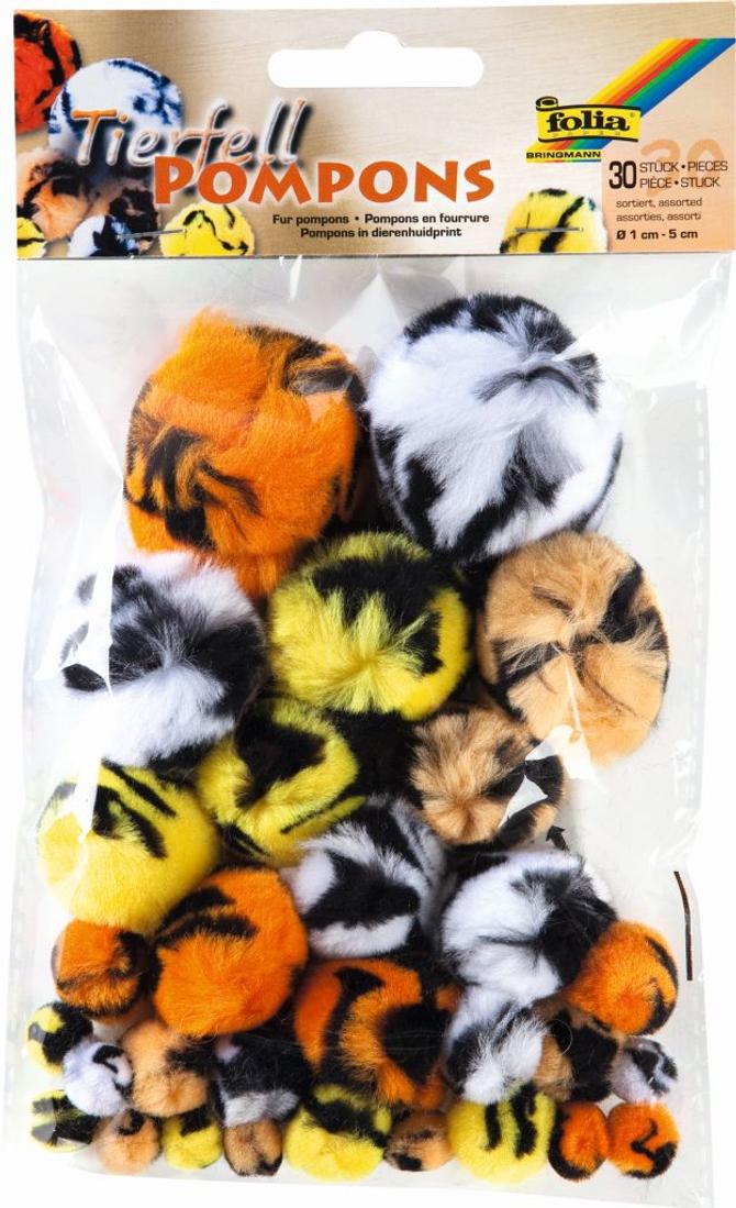Pompons TIERMUSTER MIX, 30 Stück, Größen sortiert