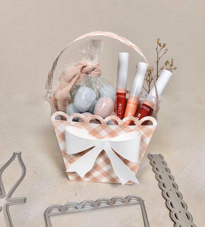 Stanzschablone NUR A4 Maschine "Korb, Geschenkkorb mit Schleife" bis 5,5x9,5x17cm (Korb fertig)