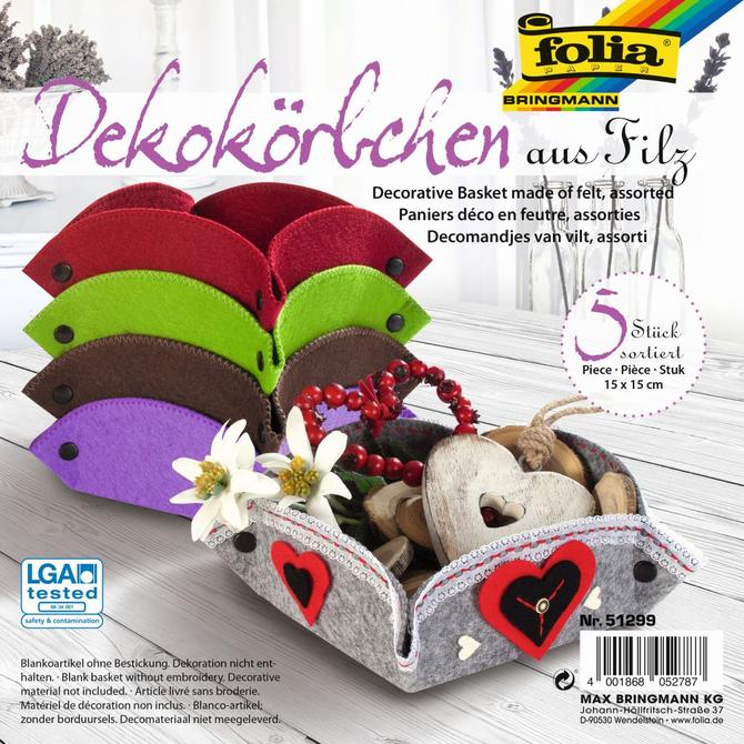 Filzkörbchen groß, 5er Set, 15 x 15 cm,  verschiedene Farben